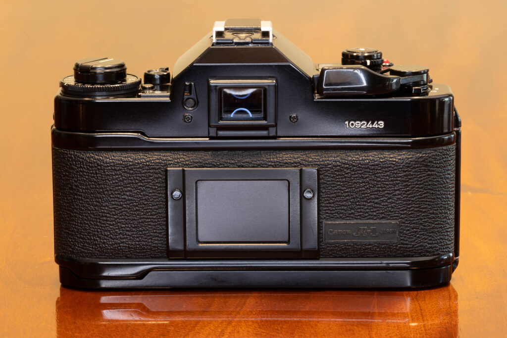 Back of Canon A-1 SLR film camera from the late 1970s, made in Japan.