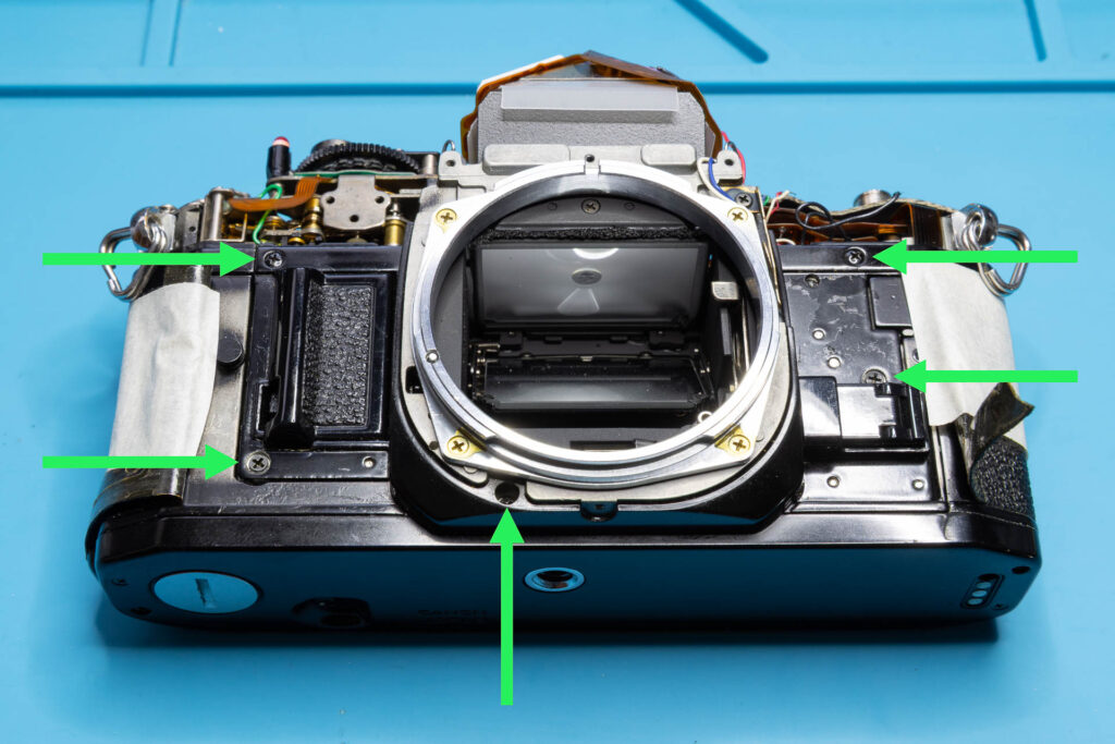 Canon A-1: Removal of mirror box - Position of the five screws holding the mirror box