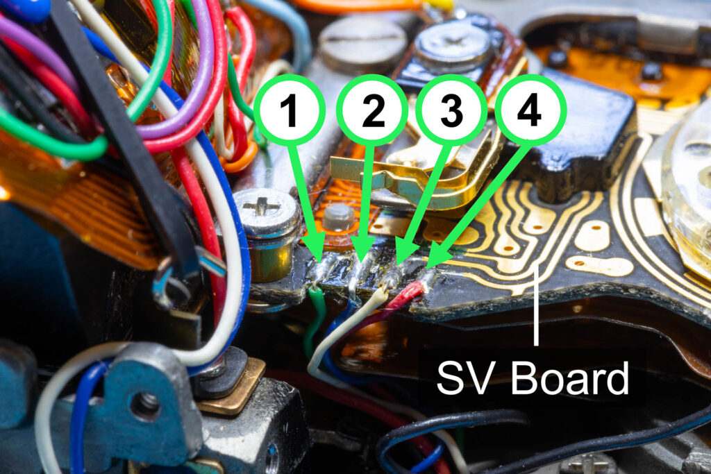Canon A-1: Removal of mirror box - Desolder four wires from SV circuit board