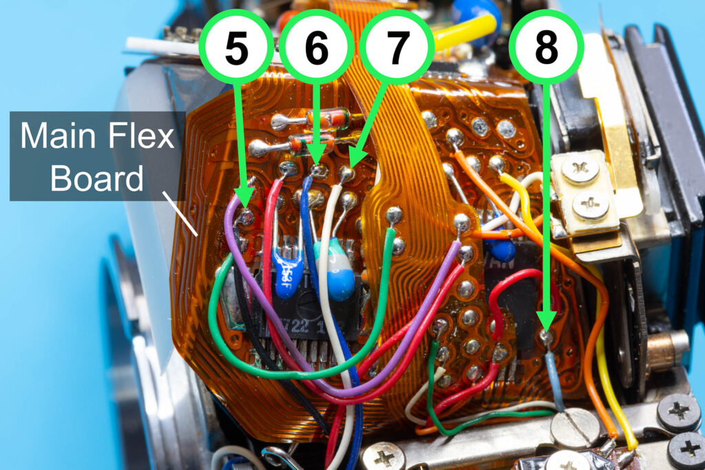Canon A-1: Removal of mirror box - Desolder four wires from main flexible board