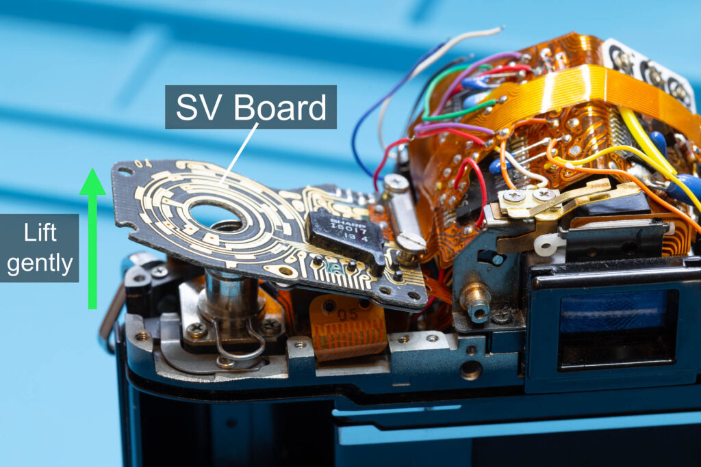 Canon A-1: Removal of mirror box - Lift the SV circuit board