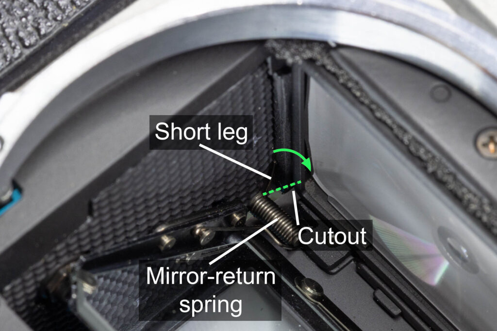 Canon A-1: Grab short leg of mirror-return spring and push it through the cutout
