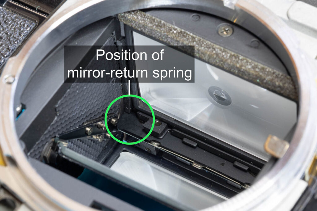Canon A-1: Place the mirror-return spring in the upper left corner of the mirror box