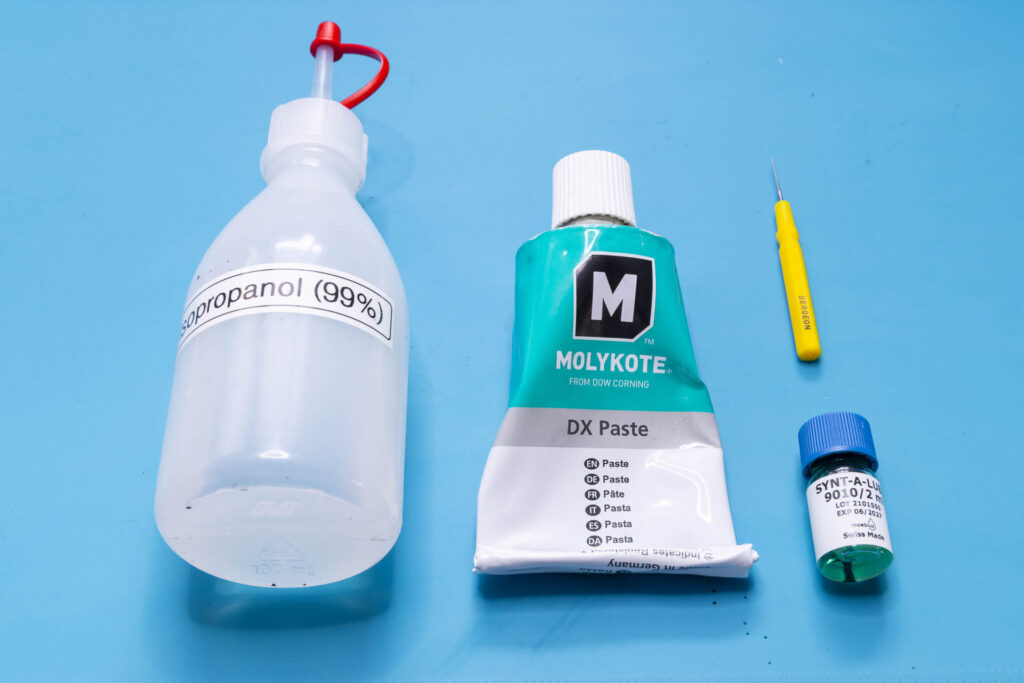 Canon A-1: Tools and materials I use to clean and lubricate the mirror-control unit