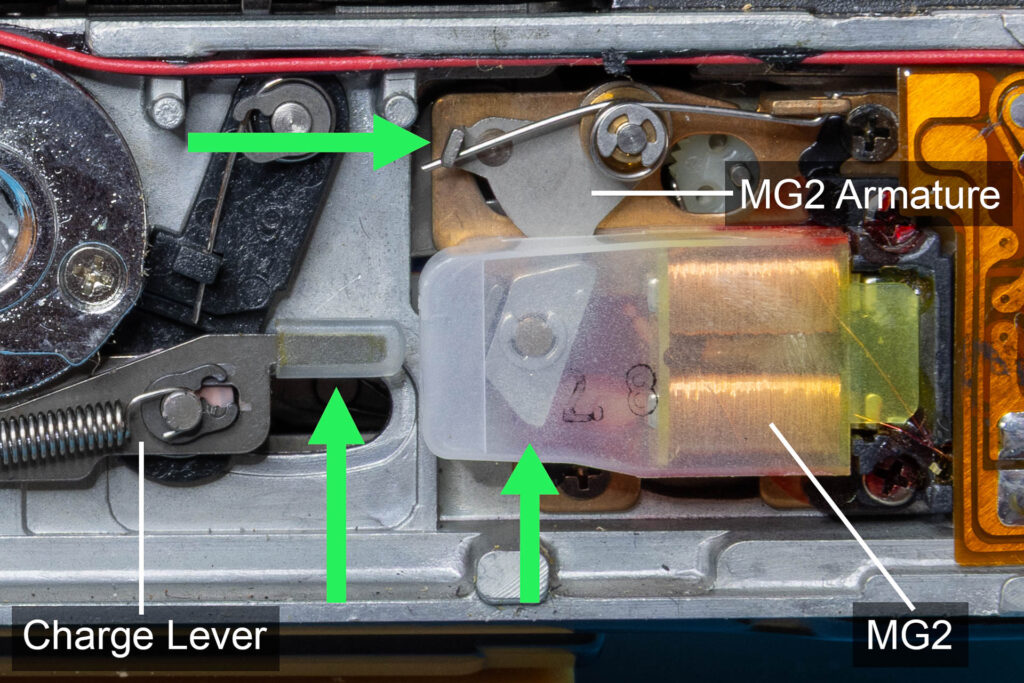 Canon A-1: Shutter mechanism on the bottom of the camera when shutter is not cocked (MG2)