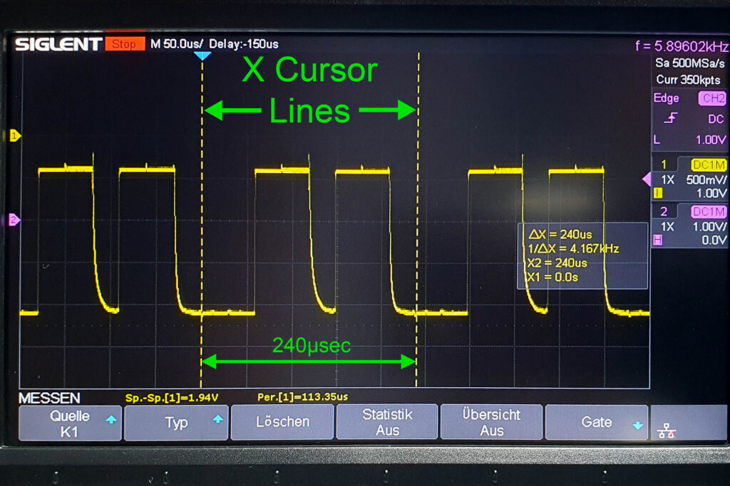 X cursor of width 240µsec on oscilloscope screen