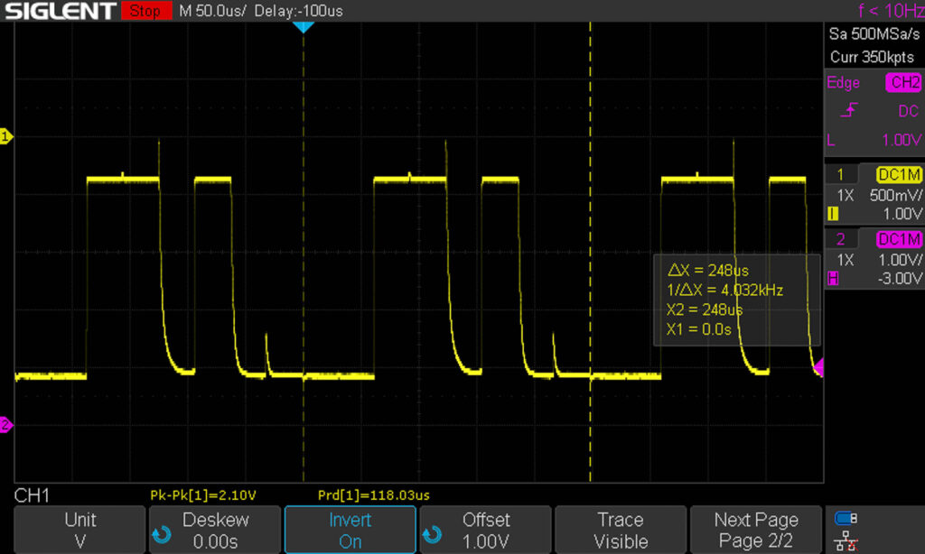 Canon A-1: Oscilloscope measurement of T/A signal with cursor (Tv with 1/1000sec)