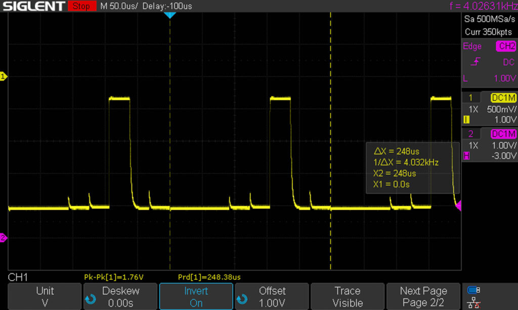 Canon A-1: Oscilloscope measurement of T/A signal (00000100 -> Tv with B - Bulb)