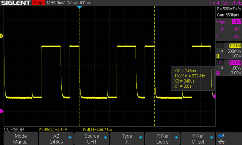 Canon A-1: Oscilloscope measurement of T/A signal (00001101 -> Av with f1.4)