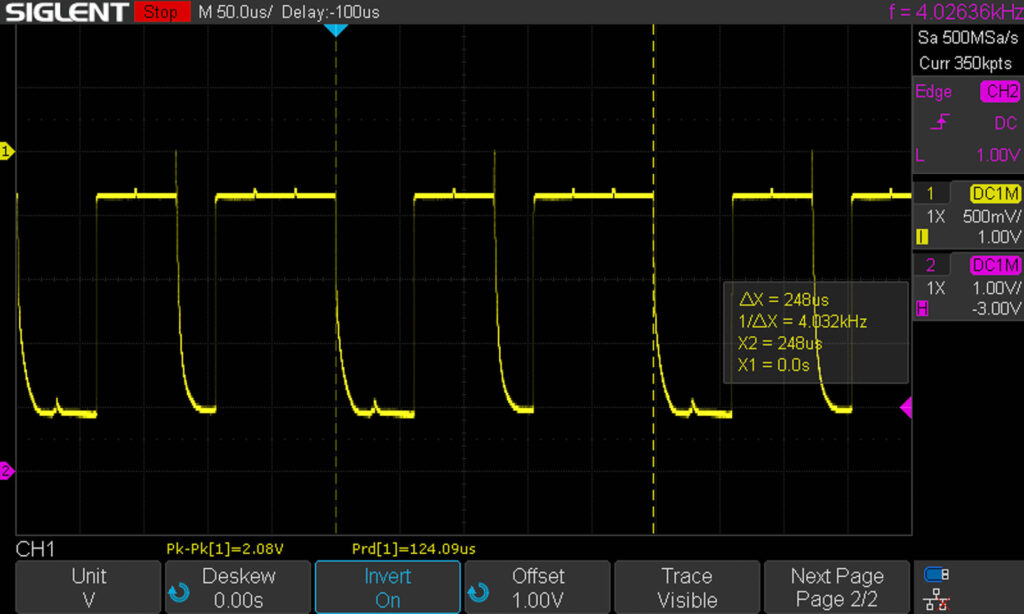 Canon A-1: Oscilloscope measurement of T/A signal (00110111 -> Av with f16)