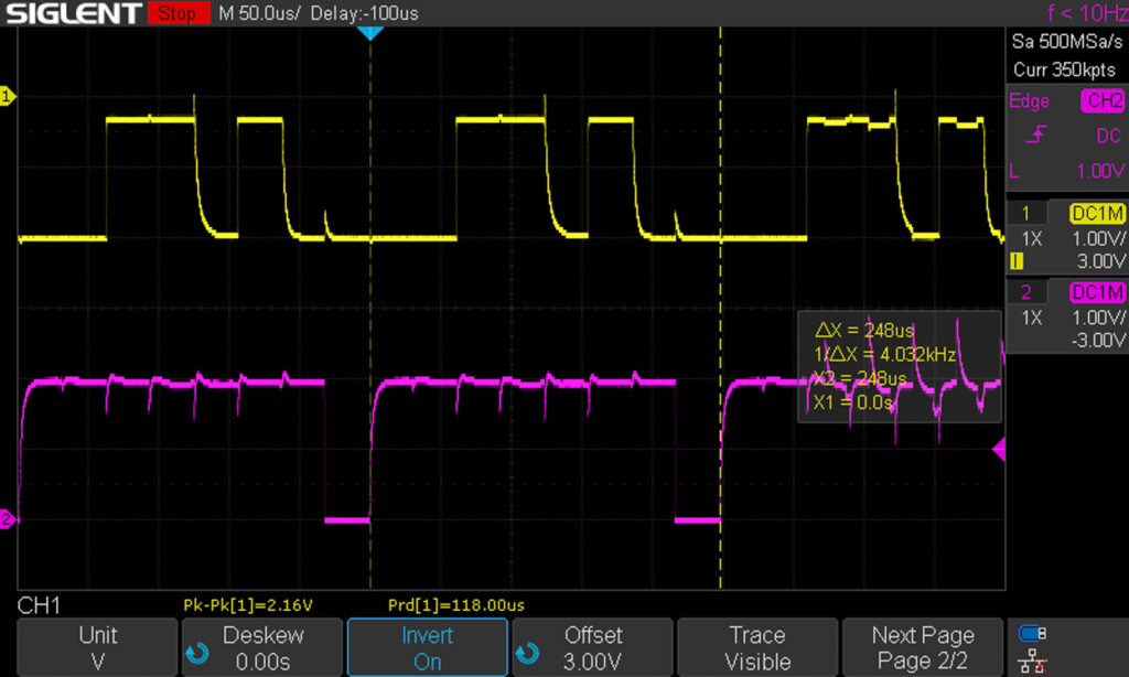 Canon A-1: Oscilloscope measurement of T/A signal (yellow) and SYNC signal (purple)